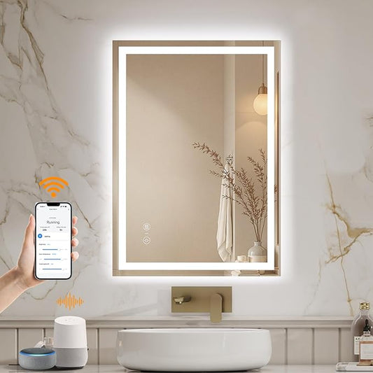 ENZE 20" x 28" Smart LED Bathroom Mirror with Lights, WiFi & Alexa Voice Control, Anti-Fog Wall-Mounted Vanity Mirror, Dimmable 3-Color, Plug-in/Hardwired, Horizontal/Vertical