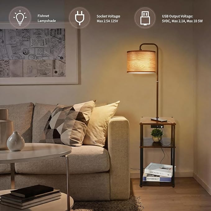 Floor Lamp with Table, Shelves, Side Table with USB Charging Port and Outlet, Modern Bedside Nightstand End Table with Lamp for Living Room, Bedroom, Guest Room, Bulb Included, Wood Grain