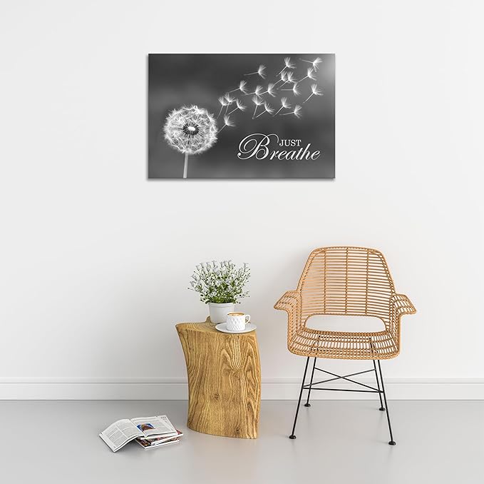 SKASNFAI Black and White Dandelion Zen Wall Art Canvas Just Breathe Motivation Positive Picture Art Print for Spa Yoga Meditation Wall Decor Ready to Hang (20L x 30W)