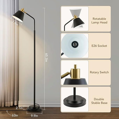 65.3" Floor Lamps for Living Room, Black Floor Lamp for Bedroom, Dual-Base Industrial Standing Lamp, Adjustable-Head Corner Lamp, Modern Tall Lamp, Living Room Light, Bulb Included, Black