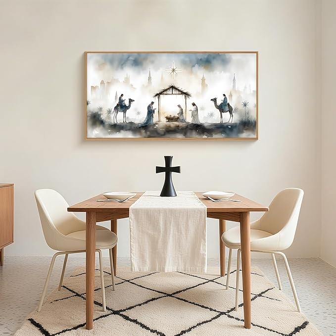 Large Catholic Jesus Nativity Scene Framed Canvas Wall Art Set,Watercolor Holy Birth of Jesus Wall Decor,Trendy Christian Religious Artwork for Living Room,Bedroom,Church-20 x40