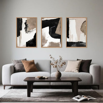 Large Modern Abstract Framed Canvas Wall Art Set, Neutral Black and Beige Color Block Wall Decor,Minimalist Pastel Tan Art Printing for Living Room,Bedroom,Office-24 x36 x3