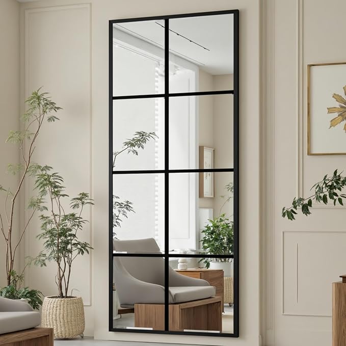 Prywot Full Length Mirror, 56"x22" Window Pane Mirror for Wall Decor, Full Body or Wall Mounted Mirrors, Farmhouse Standing Mirrors Hanging or Leaning for Living Room, Entryway, No Stand