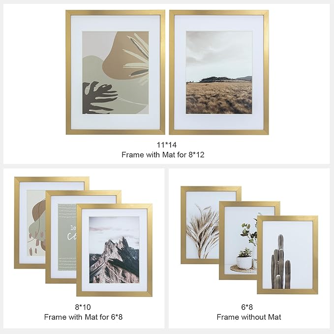 ArtbyHannah Gallery Wall Frame Set,Gold Picture Frames Collage Wall Decor with Neutural Art for Living Room Stariway,8 Pack Assorted Size-11"x14",8"x10",6"x8"