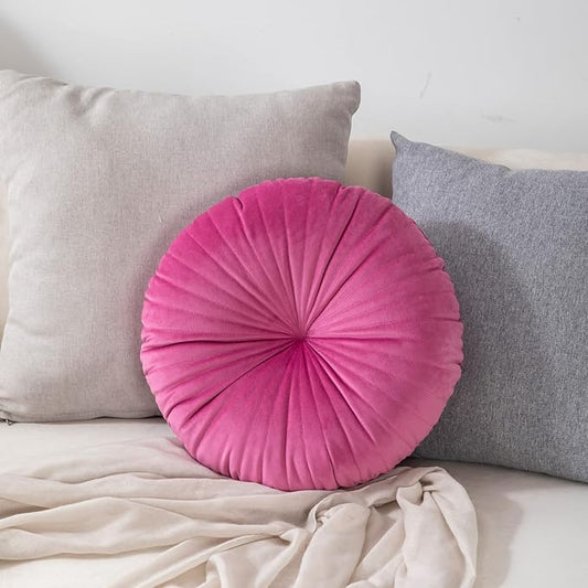 HLOVME Round Pillow Cushion for Couch Velvet Decorative Small Throw Pillow Solid Color for Living Room Bed Floor 15.7”, Hot Pink