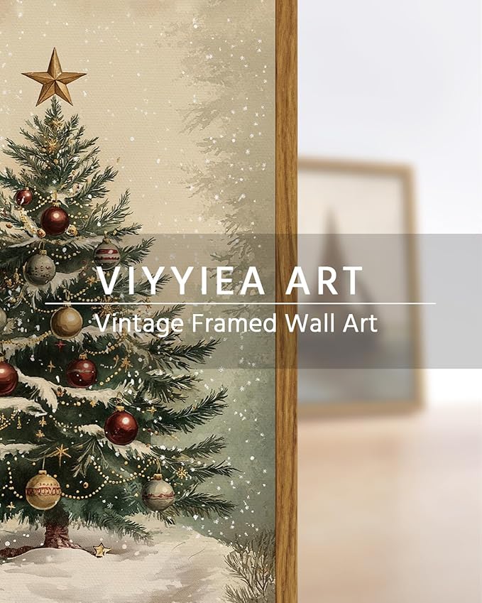 VIYYIEA Framed Canvas Wall Art Home Decor for Living Room, Vintage Christmas Tree Pictures, Christmas Decorations Indoor, Winter Wall Decor Gifts for Friends or Family - 16L x 12W