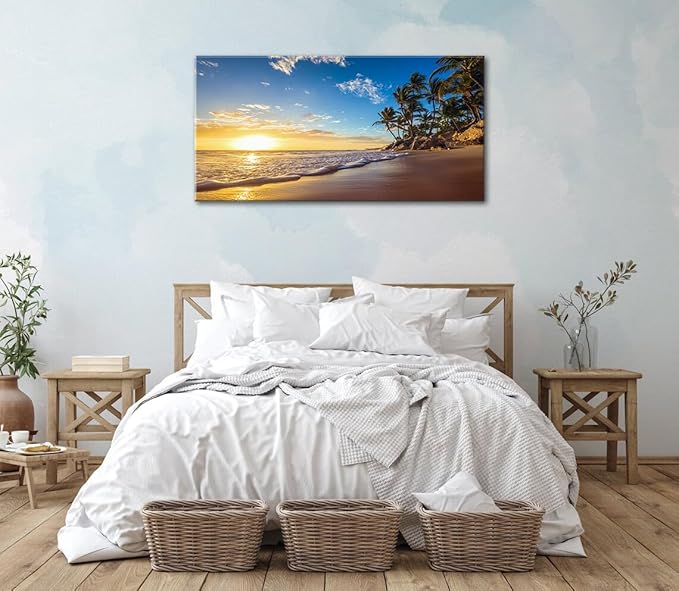 Beach Sunset Large Wall Art Tropical Palm Tree Canvas Paintings Coastal Landscape Pictures Wall Decor for Living Room Ocean Seascape Poster Nature Painting for Bedroom Office Home Decor 20x40 Inches