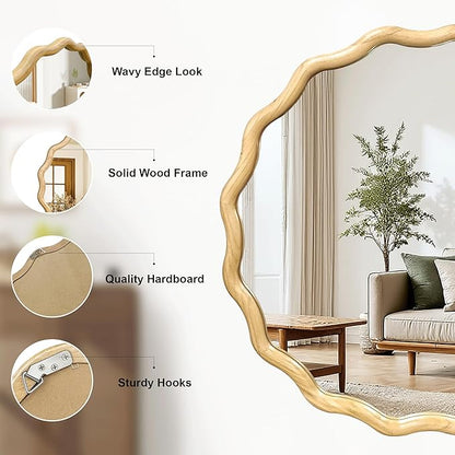 Circle Wood Mirrors for Wall, Wavy Round Bathroom Scalloped Mirror Wooden Frame 24 Inch for Living Room Farmhouse Bedroom Hallway Entryway Living Room with Shatterproof Glass Wall Mounted