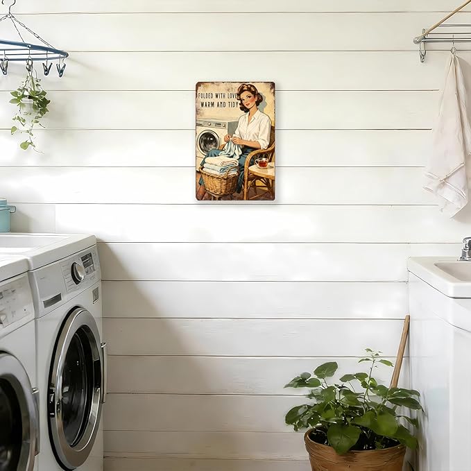 Funny Laundry Sign Vintage Tin Plaque Folded With Love Warm And Tidy Wall Art Laundry Room Decor Rustic Farmhouse Home Gift 12x8 Inch