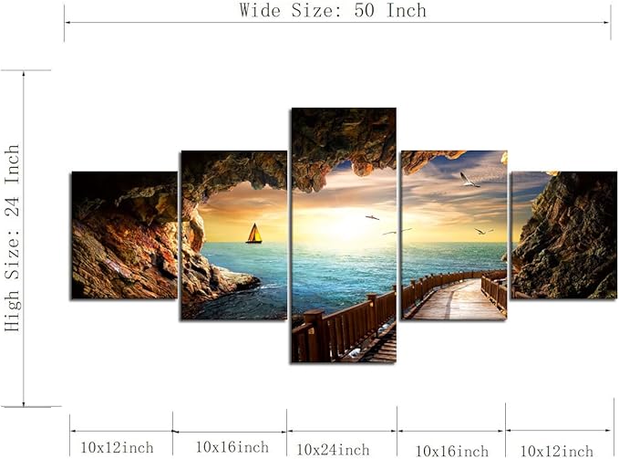 Landscape Sunset Seagulls Stone Scene Picture Modern Painting on Canvas 5 Panels Framed Wall Art for Living Room Bedroom Kitchen Home Decor Stretched Gallery Canvas Wrap Giclee Print (50’’W x 24’’H)