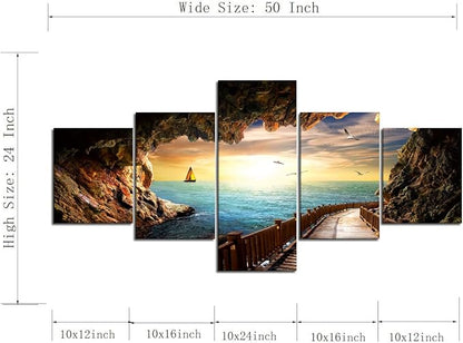 Landscape Sunset Seagulls Stone Scene Picture Modern Painting on Canvas 5 Panels Framed Wall Art for Living Room Bedroom Kitchen Home Decor Stretched Gallery Canvas Wrap Giclee Print (50’’W x 24’’H)