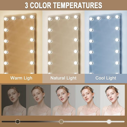 Kosmonia 64x22 Hollywood Full Length Mirror with Light, 22 Dimmable Bulbs & 3 Color Smart Touch Control, Distortion Free, Tempered Glass, Safe Full Body Mirrors with Stand