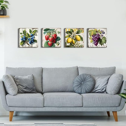 Vintage Fruit Wall Art for Kitchen Wall Decor Farmhouse Dining Room Pictures Rustic Lemon Strawberry Canvas Paintings Colorful Fruits Theme Prints Blueberry Grape Poster Artwork Decorations 12x12” 4P