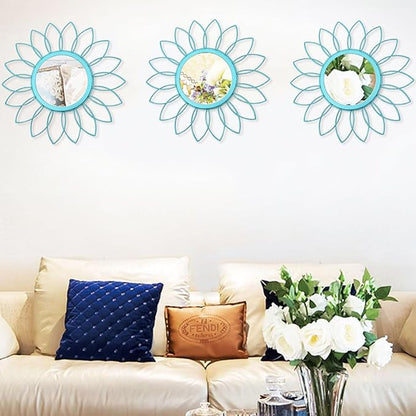 3 Pack Metal Mirrors for Wall Sunburst Wall Mirrors Home Décor Decorative Hanging Wall Art for Living Room Bedroom Entryway (Greenish Blue, Flowers)