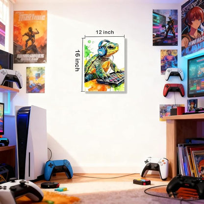 Graffiti DJ Sea Turtle Canvas Wall Art Modern Funny Print 12x16 inch Green Tortoise with Headphones Teen Boy Gaming Room Cool Framed Turtle Art Decor Kids Animal Bedroom Office Home Poster