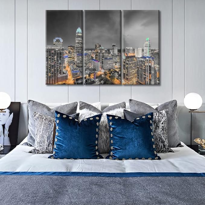 3 Panel Charlotte Nighttime Lightscape Wall Decor Skyscrapers City Skyline Wall Decor for Bedroom Giclee Wooden Framed Gallery-Wrapped Ready to Hang (36" Wx24 H)