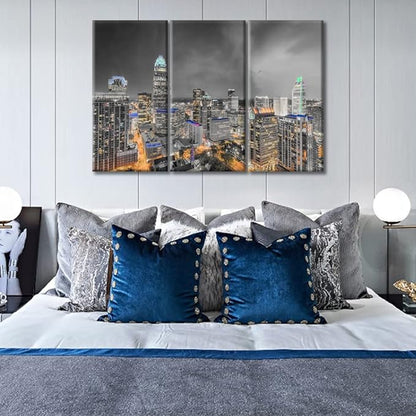 3 Panel Charlotte Nighttime Lightscape Wall Decor Skyscrapers City Skyline Wall Decor for Bedroom Giclee Wooden Framed Gallery-Wrapped Ready to Hang (36" Wx24 H)