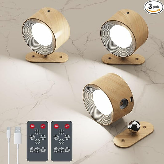 AKSDA 3Pack Battery Operated Wall Sconce, 3 Color Modes 3 Brightness Levels 360°Rotation Lighting Timer Touch & Remote Control, Wall Mounted Lamp LED Wall Lights for Bedroom Reading Bedside (Wood)
