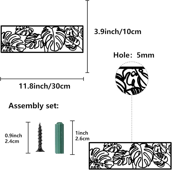 CREATCABIN Leaf Metal Wall Art Rectangle Wall Decoration Black Turtle Backed Bamboo Frame Sculptures Wall Hanging Ornament Hollow Out Metal Wall Sign for Bathroom Living Room Bedroom Porch 12 x 4Inch