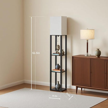Floor Lamp with Shelves, Modern Square Shelf Lamp for Living Room, Corner Display Standing Lamp, Tall Lamp with White Shade for Bedroom, Office, Home Decor (Black)