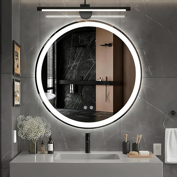DUMOS 36 Inch Round LED Bathroom Mirror with Lights, Circle Vanity Mirror with Anti-Fog, Dimmable, 3-Color Light, Front Light and Backlit, Memory Function, Tempered Glass