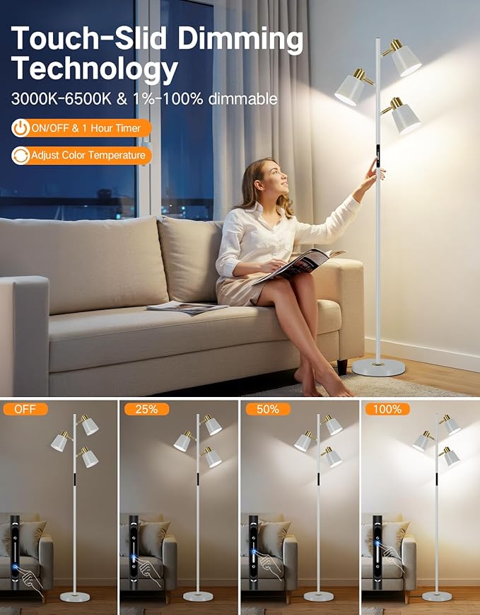 OUTON Tree Floor Lamp, LED Dimmable Floor Lamp with Remote and Touch Slide Control, 4 Color Temperatures, 3 Rotatable Lights, Modern Standing Lamp for Living Room Bedroom Office, Bulbs Included, Grey