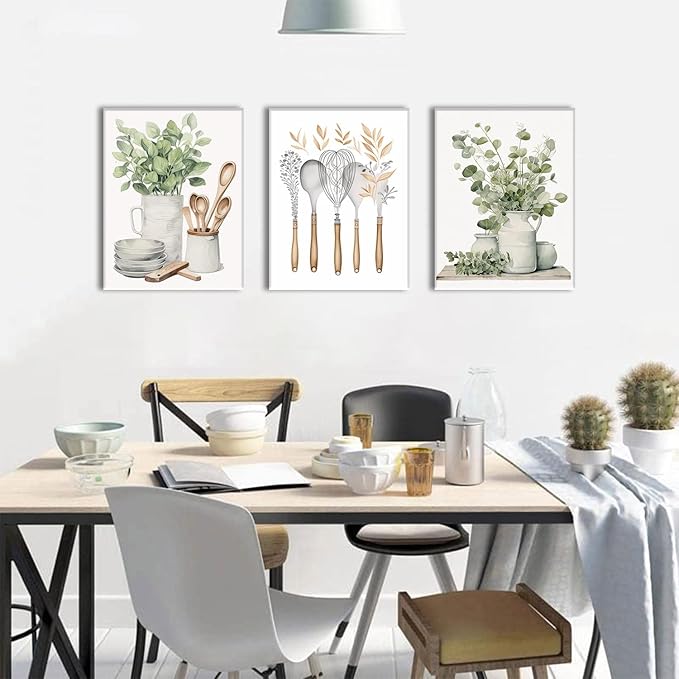 AOYUSMO 3 Piece Canvas Wall Art Kitchen Wall Art Sage Green Pictures Botanical Paintings Farmhouse Artwork Eucalyptus Nature Art Prints for Dining Room 12"x16"