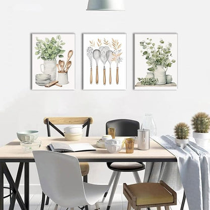 AOYUSMO 3 Piece Canvas Wall Art Kitchen Wall Art Sage Green Pictures Botanical Paintings Farmhouse Artwork Eucalyptus Nature Art Prints for Dining Room 12"x16"
