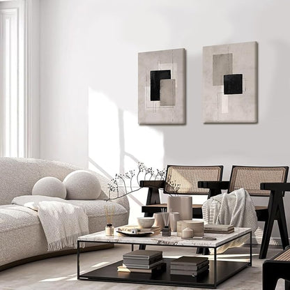 Kdyudo 2 Pcs Large Minimalist Block Line Canvas Framed Wall Art Neutral Abstract Print Poster Wall Decor Black Beige And Brown Geometric Square Line Painting Pictures Living Room Bedroom 12x16 Inch