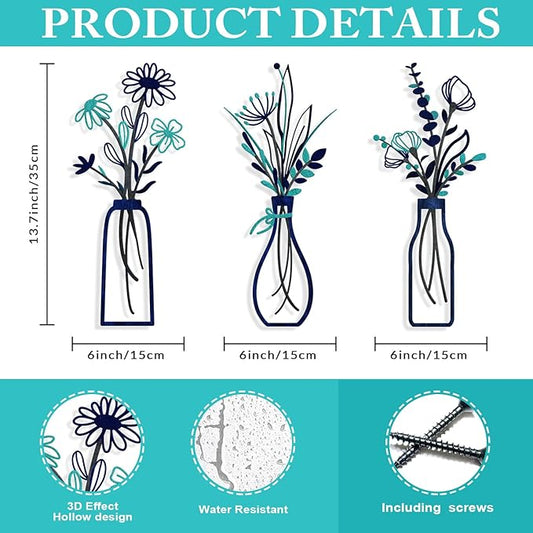 Pigort 3 Pieces Metal Flowers Wall Arts - Rustic Farmhouse Style Décor Metal Wall Art Black Minimalist Flower Natural Themed Wall Decors for Home Bedroom Dining Room Housewarming (Blue)