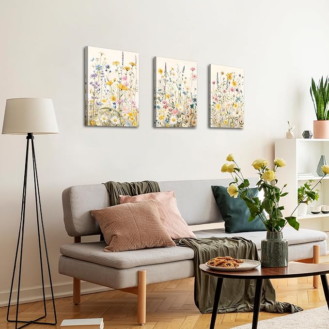 WENGTIAO 3Pcs Framed Colorful Wildflower Canvas Wall Art, Yellow Watercolors Flowers Wall Pictures Floral Canvas Prints Wall Decor Paintings for Living Room Girls Bedroom Ready to Hang 12"x16"x3