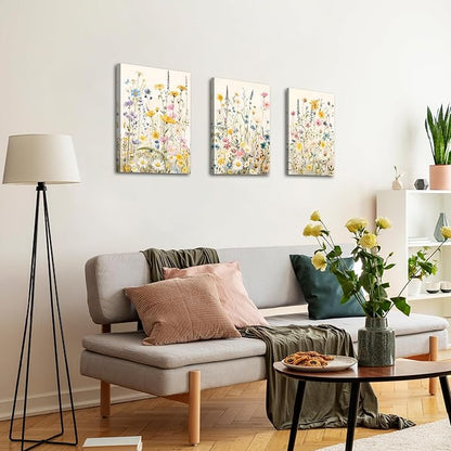 WENGTIAO 3Pcs Framed Colorful Wildflower Canvas Wall Art, Yellow Watercolors Flowers Wall Pictures Floral Canvas Prints Wall Decor Paintings for Living Room Girls Bedroom Ready to Hang 12"x16"x3