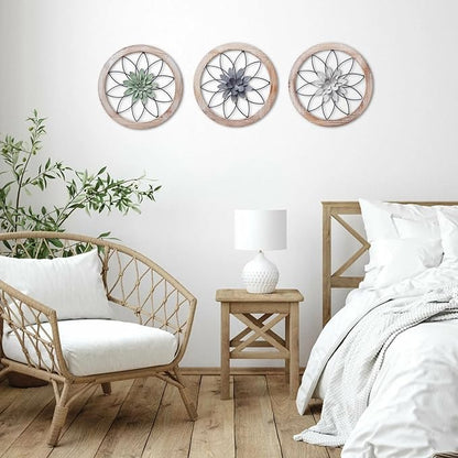 Paquesta 3 Piece Round Farmhouse Wall Decor with 6 Piece Interchangeable Flowers 15.75'' Medallion Wood & Metal Rustic Wall Art for Living Room Bedroom Kitchen Bathroom Dining Room Home Decorations (large black wheel)