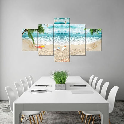 Surfing Waves Beach Picture Paintings Canvas Wall Art for Living Room Bedroom Home Decor Prints and Posters Modern Seascape Landscape 5 Panels Framed Stretched Gallery Wrap Giclee (60''W x 40''H)