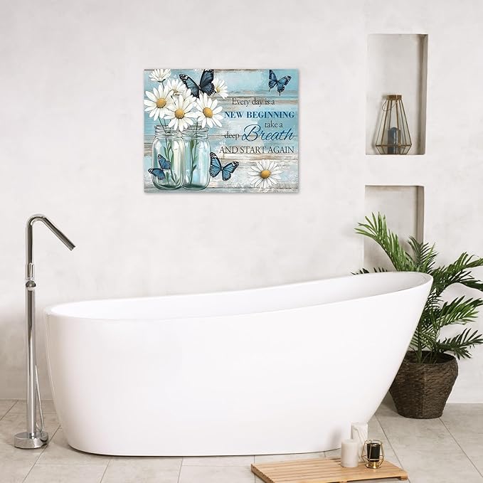 LB Rustic Daisy Butterfly Wall Art Every Day is a New Beginning Inspirational Quote Canvas Wall Art Farmhouse Floral Wall Decor for Bedroom Living Room Bathroom Framed Ready to Hang 16L x 20W