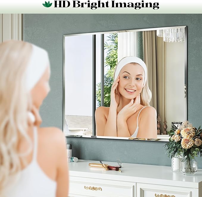 48"x32" Frameless Beveled Bathroom Wall Mirror, Frameless Bathroom Wall Mirror Over Sink, Large Vanity Mirrors for Entryway, Bedroom, Living Room, Hangs Horizontally or Vertically