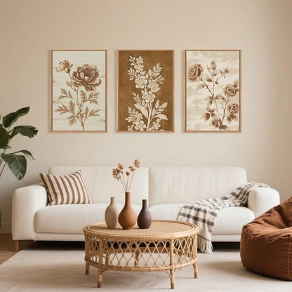 Vintage Botanical Floral Framed Canvas Print Wall Art Set,Retro Brown Rose Flowers Wall Decor,Nature Modern Elegant Poppy Boho Wildflower Artwork for Living Room,Bedroom,Office-16 x24 x3