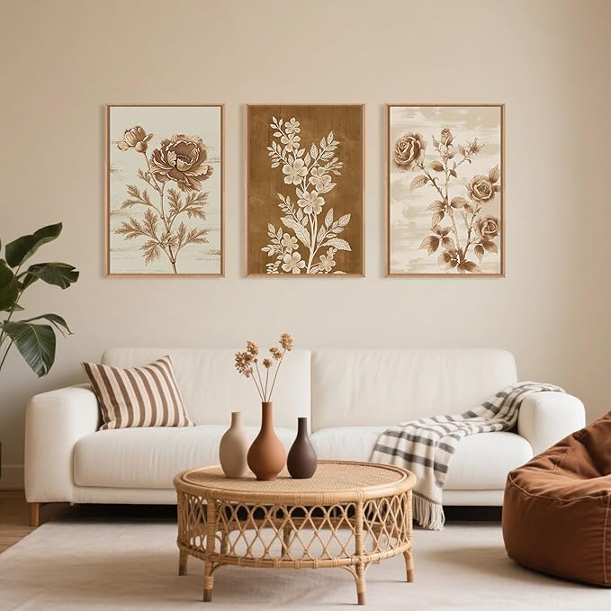 Vintage Botanical Floral Framed Canvas Print Wall Art Set,Retro Brown Rose Flowers Wall Decor,Nature Modern Elegant Poppy Boho Wildflower Artwork for Living Room,Bedroom,Office-24 x36 x3