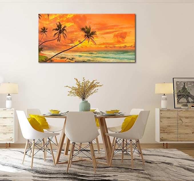 Tropical Beach Sunset Large Wall Art – Stretched & Framed Ocean Waves Canvas Painting, Palm Tree Landscape Farmhause Wall Artwork Decor for living Room Home, Bathroom Office (24x48 Inch)