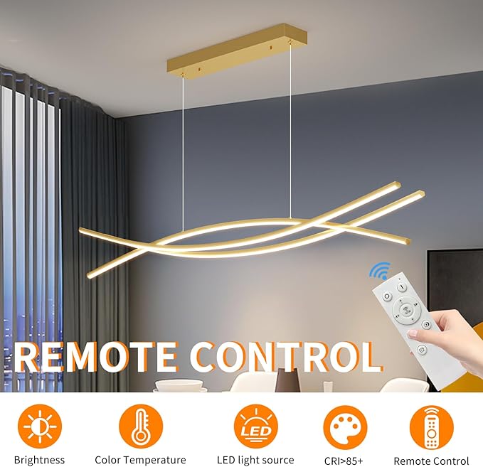 Modern Ceiling Chandelier Light, 47IN Gold Pendant Light Fixtures with Remote Control 3000k-6500K Adjustable Color Temperature, Aluminum Island Lighting Lamp for Dining Room, Living Room, Island