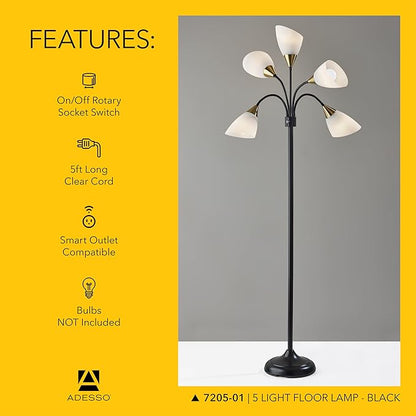 Adesso Floor Lamp with 5 Movable Shades & Adjustable Brightness – Perfect Lighting for Bedroom Decor, Beauty & Art Studio, Black