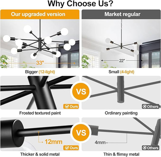 10.9"-52.3" Height Adjustable Modern Chandelier Ceiling Light Fixture, 12-Light Sputnik Chandeliers Matte Black Mid Century Chandelier Over Table, Chandeliers for Dining Room (Bulbs Not Included)