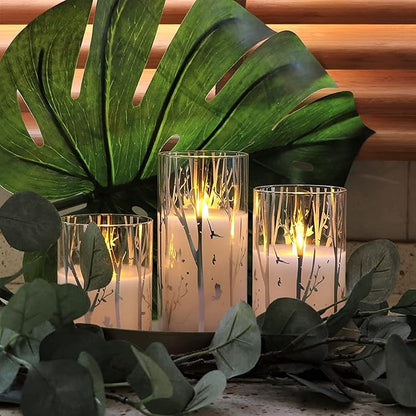 Rhytsing Birch Design Glass Battery Operated LED Candles with Timer, Flameless Pillar Candles Spring & Summer Decor- Include 6 Batteries