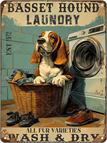 Retro Metal Poster Basset Hound Laundry Wash And Dry Metal Tin Signs Vintage Plaque Wall Decor Gift for Office Club Bar Home Kitchen 16x12 Inch