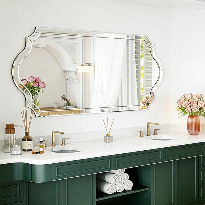Chende Double Arch 59"x30" Frameless Beveled Decorative Wall Mirror, Elegant Large Living Room Mirror with Solid Wood Backboard, Horizontal Vertical Hanging for Entryway Bathroom Dining Room, Unique