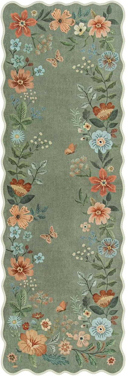 Lahome Floral Runners for Hallways, 2X6 Kitchen Runner Rug Ultra-Thin Soft, Non-Slip Hallway Rug Stain Resistant Boho Low-Pile Carpet for ‎Laundry Bathroom Bedroom Flore (2x6ft,Green)