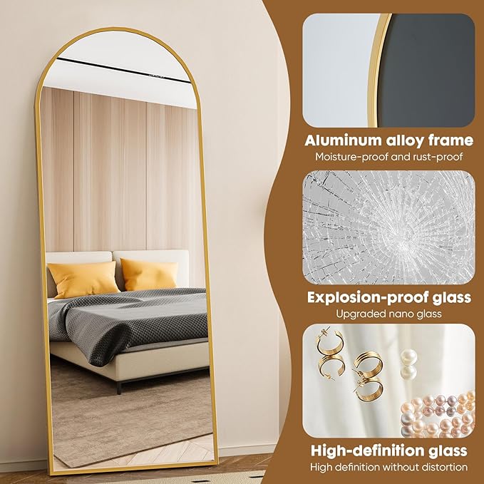 Sweetcrispy 71"x26" Arched Full Length Mirror, Full Body Mirror with Aluminum Alloy Thin Frame, Leaning or Standing, Suitable for Bedroom, Livingroom, Cloakroom, Gold