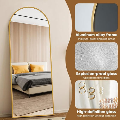 Sweetcrispy 71"x26" Arched Full Length Mirror, Full Body Mirror with Aluminum Alloy Thin Frame, Leaning or Standing, Suitable for Bedroom, Livingroom, Cloakroom, Gold