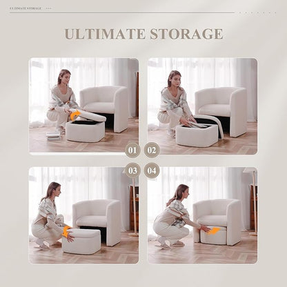 COLAMY Velvet Morden Living Room Chair with Storage Ottoman, Barrel Accent Chair with Lounge Seat for Bedroom/Reading Spaces, Rubberwood, Sponge Foam, Cream
