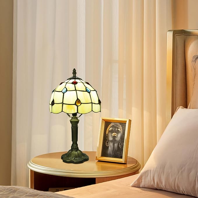 Tiffany Style Table Lamp, 3 Color Temperatures Bedside Lamp, 8 Inch Stained Glass Desk Light for Home Office Bedroom Living Room (Phoenix Tail Pattern)